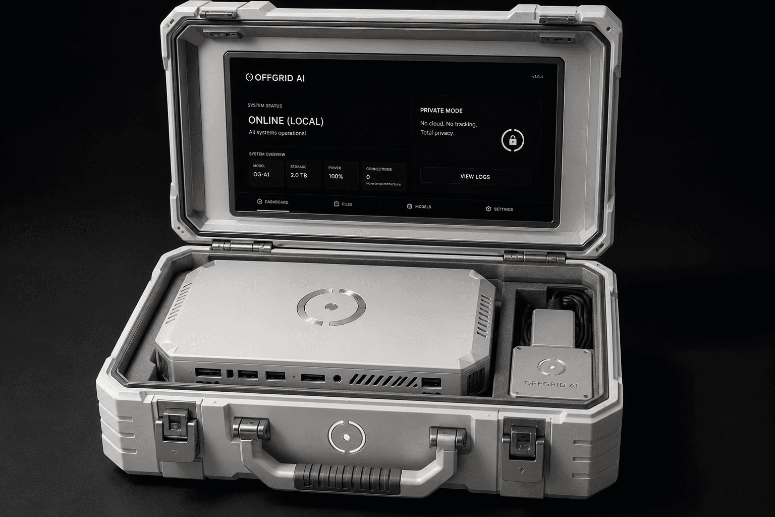 White and silver OffGrid AI Box hardware