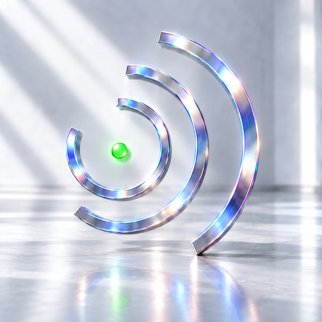 Holographic silver arcs expanding around a green point